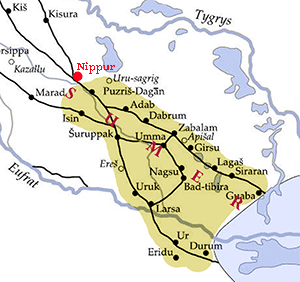Proszę kliknąć, aby wyświetlić mapę w powiększeniu Usytułowanie miasta Nippur na terenie starożytnego Sumeru