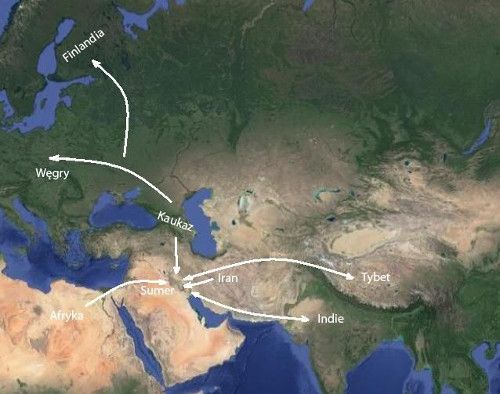 Mapa pokazująca możliwe migracje z i do Sumeru