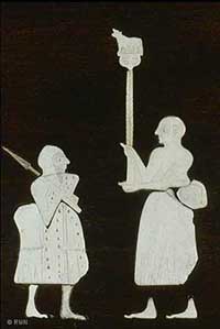 Centralną postacią mozaiki jest król, który jest najwyższy, co wskazuje na jego majestat i znaczenie